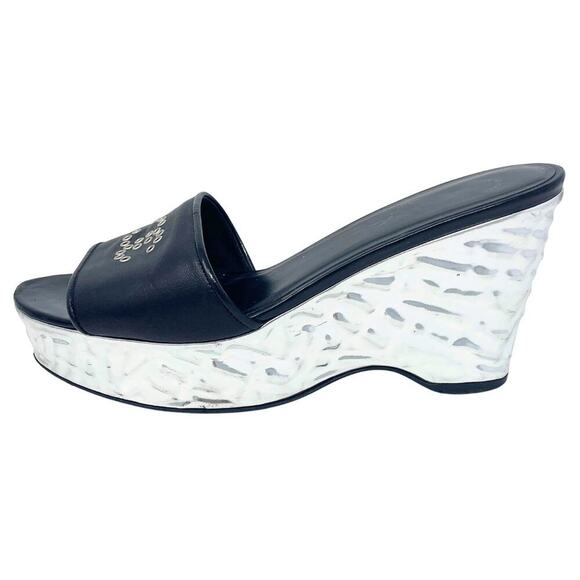 Chanel Shoes Flat Heels CC Logo Black Leather Silver Metallic Platform Wedge 37 - Picture 11 of 11